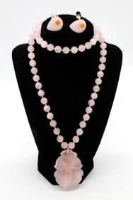 Carved Rose Quartz Necklace and Earrings