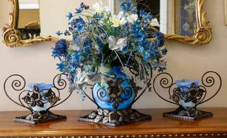 Three Piece Blue Satin Glass Ensemble
