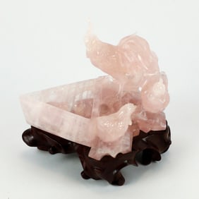 Hand Carved Rose Quartz Rooster, Hen and Chicks