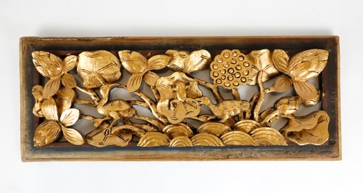 Hand Carved Wooden Wall Hanging Featuring Bird and Frog