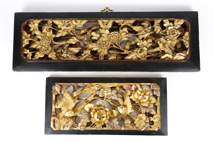 Two Carved Giltwood Wall Hanging Featuring Flora and Fauna