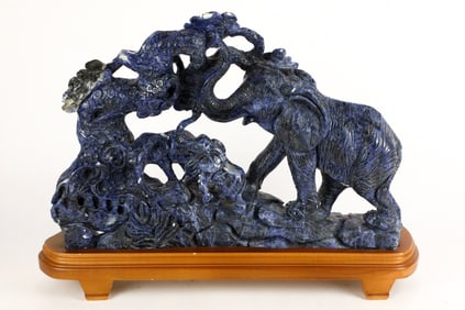Hand Carved Lapis Sculpture Featuring Elephants