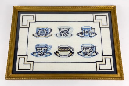 Framed Needlepoint Featuring Teacups