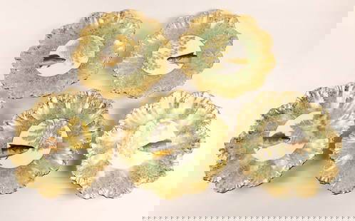 Five Ovington Bros. Limoges France Porcelain Plates: (5) Ovington Bros. Limoges France porcelain plates with mint gradient border overlaid with gilt floral lace design centers featuring fish and seaweed with scalloped edges. Some loss of gilt. Size: 9.5