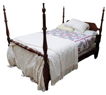 Kling Solid Cherry Finial Four Poster Full Size Bed: Kling solid cherry finial, four poster full size bed with panel headboard, blanket roll footboard, wood rails and slat. Includes bedding except pillows. Size: 4'10"w x 6'9"d x 4'10"h Location: Primary