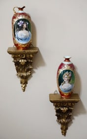 Pair of Hand Painted Porcelain Portrait Vessels on Gold Tone Wall Sconces