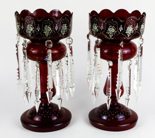 Pair of Antique Ruby Red Cranberry Painted Lusters