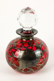 Art Nouveau Sterling Silver Deposit Overlay Cranberry Glass Cologne Bottle