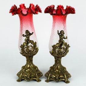 Pair of Victorian Style Cranberry Glass Epergne Vases
