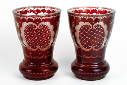Pair of Antique Bohemian Ruby Cut-to-Clear Glass Tumblers