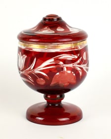 Bohemian Ruby Cut-to-Clear Glass Pedestal Bowl with Lid