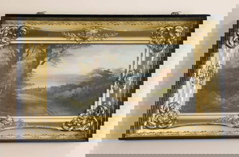 Framed Antique Landscape Oil Painting Signed Lotz: Antique oil painting depicting a landscape with a winding path bordered by tall trees and dense foliage leading to a lake. The painting is displayed in an elaborate interior gilt frame with molded flo