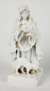 Bisque Porcelain Figurine: Bisque porcelain figurine depicting an older lady with a cat. Her hand has been broken in 2 places and repaired. Size: 6"h Location: Primary Bedroom