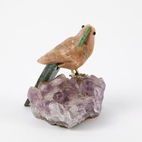 Red Jasper Carved Parrot on Amethyst Base