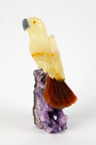Hand Carved Gemstone Bird on Amethyst Base