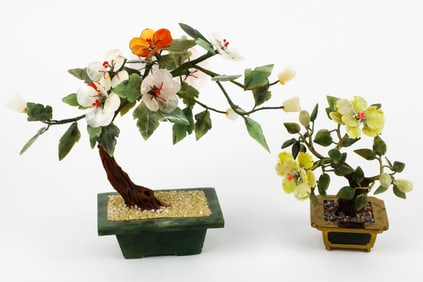 Two Jade and Rose Quartz Bonsais