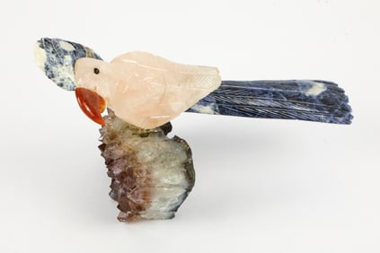 Hand Carved Rose Quartz Parrot with Lapis Tail on Amethyst Base