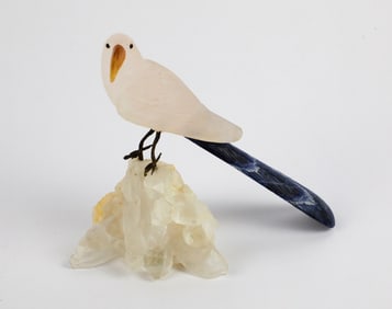 Hand Carved Rose Quartz Macaw with Lapis Tail