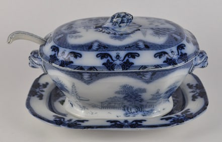 Spode Flow Blue Covered Dish with Ladle and Plate