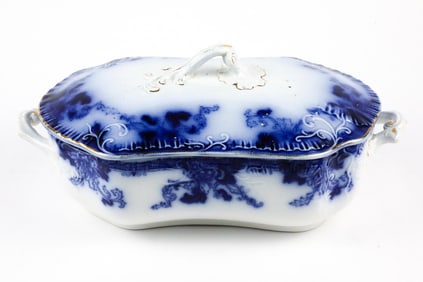 Antique Flow Blue Covered Oval Vegetable Dish