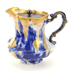 Johnson Bros. Vienna Flow Blue Pitcher with Silverplate Cover