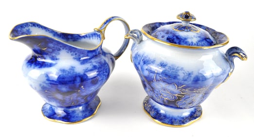 Oversized Flow Blue Creamer and Sugar Set.