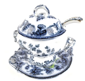 Charles Meigh & Son Flow Blue Sauce Tureen with Underplate and Ladle