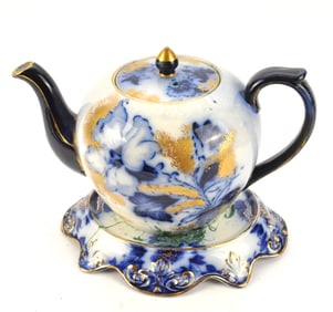 Flow Blue Teapot with Stand