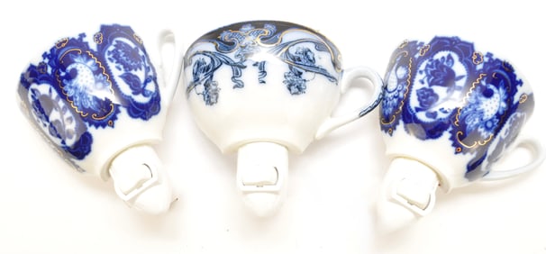 Three Blue and White Ceramic Teacup Nightlights