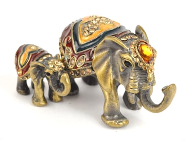 Bejeweled Elephant Mother and Calf Hinged Trinket Box