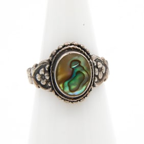 Sterling Ring with Iridescent Oval Stone