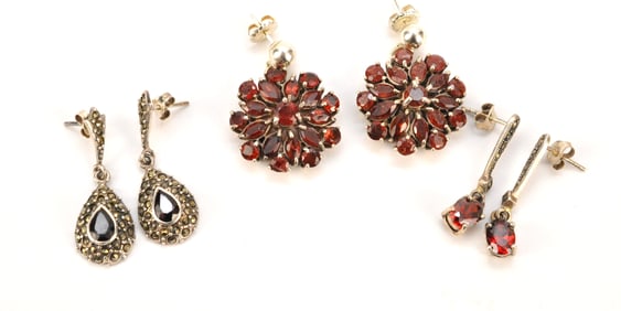 Three Sterling Dangle Earrings with Red Stones