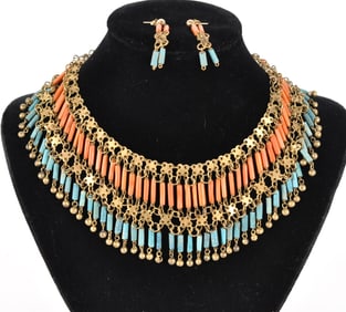 Egyptian Revival Beaded Fringe Faience Bib Necklace and Earrings