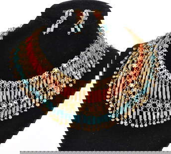 Egyptian Revival Beaded Fringe Faience Bib Necklace and Earrings: Egyptian revival beaded fringe Faience bib necklace with coral and turquoise colored beads with brass connectors and matching earrings. Size: Necklace 13.5"L Location: Showcase
