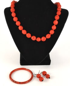 Carved Red Cinnabar Necklace, Earrings, and Bracelet