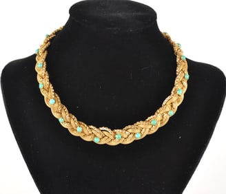 German Gold Tone Braided Choker with Turquoise Accents