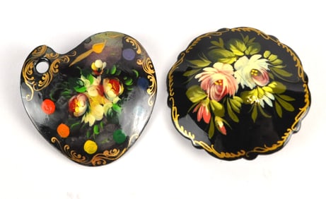 Two Hand Painted Black Lacquer Brooches