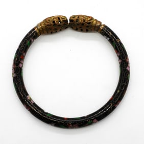 Vintage Chinese Brass and Black Cloisonne Bangle Bracelet