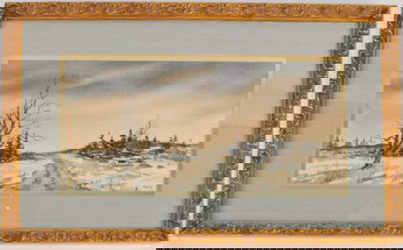 Framed Winter Watercolor Landscape by Cory Staid