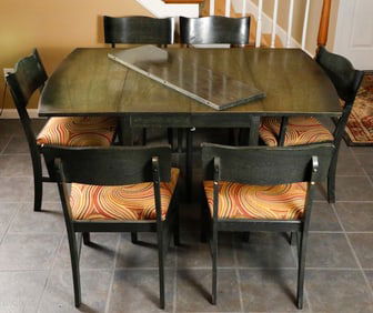 Distressed Green Finish Double Drop Leaf Extendable Kitchen Table and Six Chairs