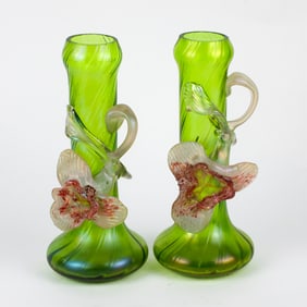 Pair of Green Glass Vases with Floral Design
