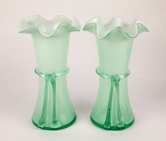 Pair of Ombre Green Blown Glass Vases
