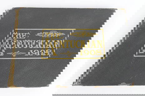 1908 The Kentuckian University Yearbook: 1908 The Kentuckian, an annual for the State University of Kentucky including graduating senior class photos, clubs, faculty, sports, history and more. Broken binding. Size: 11.25"w x 8"d x 1"h