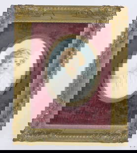 Antique Hand Painted Miniature Portrait: Antique hand painted miniature portrait of young boy signed R. Krauss, Vienna. The portrait is housed in an oval frame inside velvet matting in decorative metal frame. Marks on frame. Size: 5.5"w x 7"