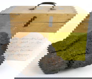 Iron Meteorite in Box: Iron meteorite in wooden box with a hand printed card: Found out West in the 50's found in Colorado or Arizona. Weighs 10 lbs. Size: Box 11"w x 6"d x 7"h
