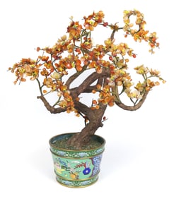 Antique Carnelian Bonsai in Enamel Pot
