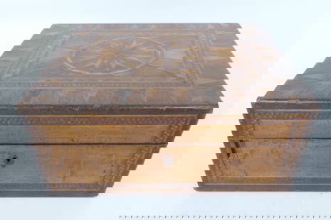 Antique Inlaid Wood Sewing Box: Antique inlaid wood sewing box with padded interior lid functioning as a pin cushion and (2) lift out trays. No key present. Some damage to top. Size: 13.5"w x 10.75"d x 6"h