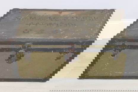 Antique Military Trunk: Antique military trunk stenciled with the owner's info on top: Sgt Major McTaylor, 44th M G Bn, USA. Pencil marks inside the lid track it's journey from 1917-1925 including Lagrange KY. Sectioned tray
