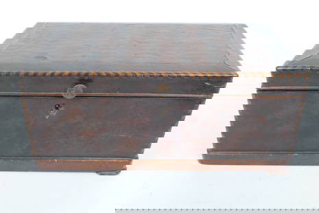 Antique Parquetry Sewing Box: Vintage sewing box with parquetry inlaid top. Dated 10-8-38 on bottom. Tray and feet are missing, scratches. Size: 11"w x 6.5"d x 5"h