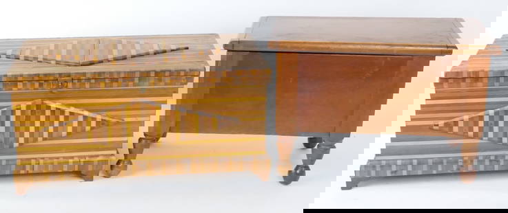 Two Small Wood Chests: Two small wood chests, possibly salesman samples. Including mixed wood with applied diamond patterns and interior trays. Top has separated. Plus a hinged lid chest on legs with surface wear, chips, sp